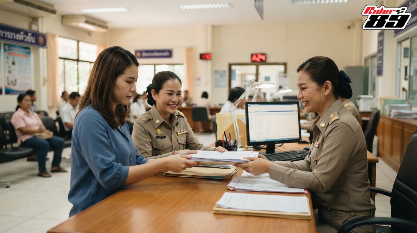ผู้ติดต่อกำลังยื่นเอกสารให้เจ้าหน้าที่ที่เคาน์เตอร์กรมการขนส่งทางบก