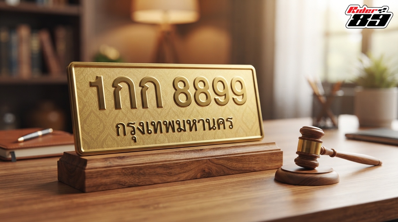 ป้ายทะเบียนกราฟิกลายไทยประมูลวางเคียงคู่กับค้อนประมูล