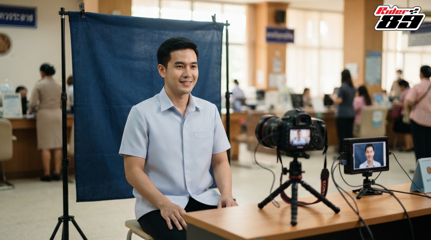 การนั่งถ่ายรูปที่เคาน์เตอร์เพื่อพิมพ์ลงบนใบอนุญาตขับขี่ใบใหม่