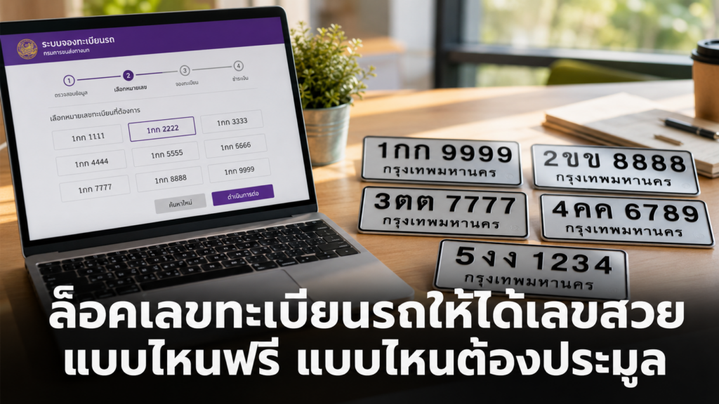 หน้าจอล็อคเลขทะเบียนรถกับป้ายตัวอย่างเลขสวย