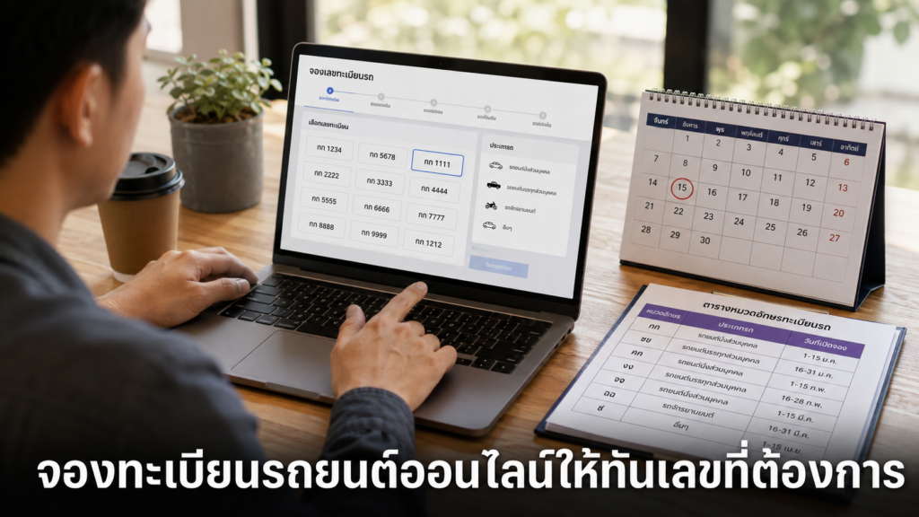 หน้าจอจองทะเบียนรถยนต์ออนไลน์พร้อมตารางหมวดอักษร