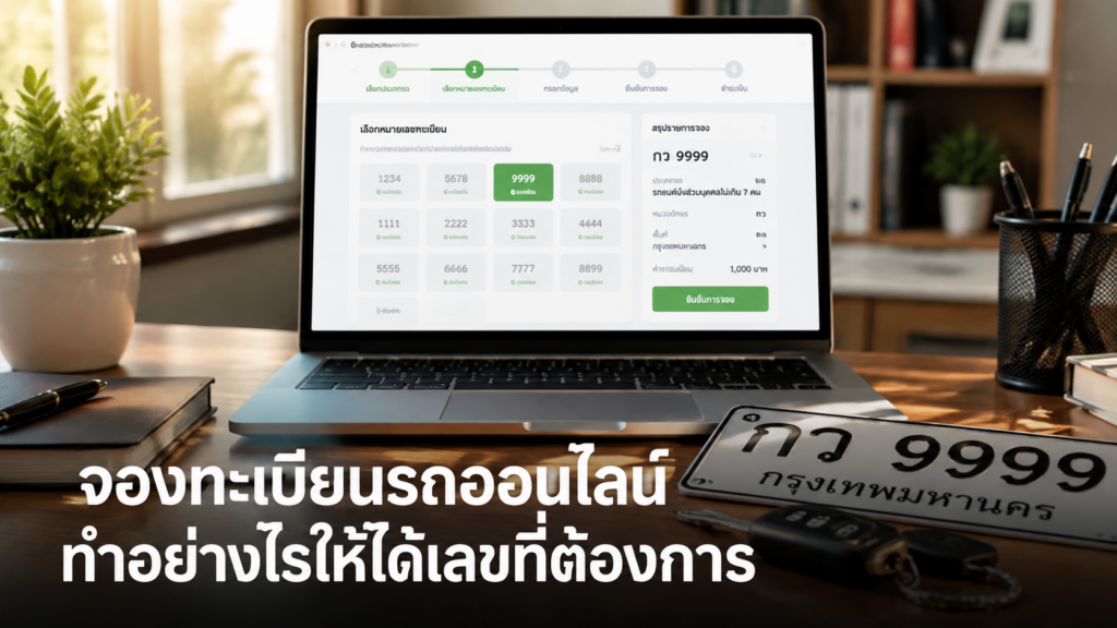 จองทะเบียนรถออนไลน์ผ่านแล็ปท็อปพร้อมป้ายทะเบียนตัวอย่าง