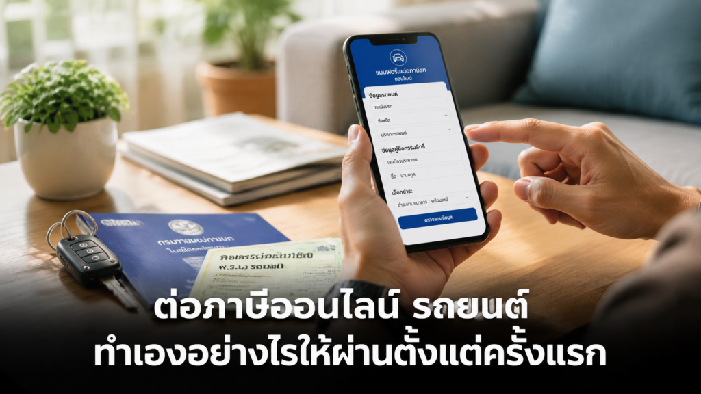 สมาร์ตโฟนแสดงขั้นตอนต่อภาษีออนไลน์สำหรับรถยนต์